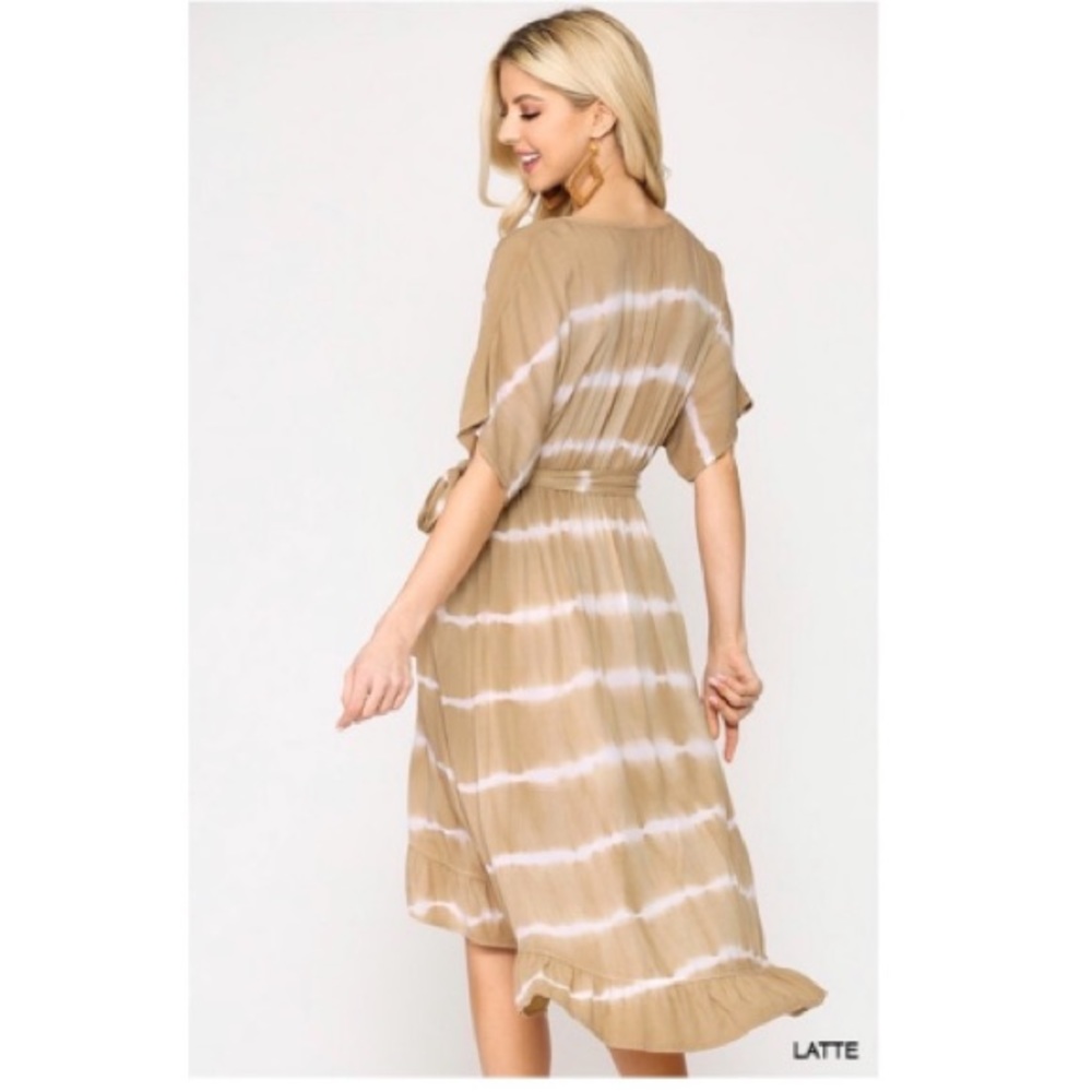 ☕️☕️💐Latte & White Striped Boho MIDI Wrap Dress💐☕️☕️ Boutique New soft☕️☕️💐 - Picture 6 of 7